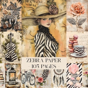 May include: A collage featuring a woman in a zebra-striped outfit and hat, surrounded by various illustrations. The text "ZEBRA PAPER - 105 PAGES" is displayed. Other images include a violin, mushrooms, roses, and a teacup.