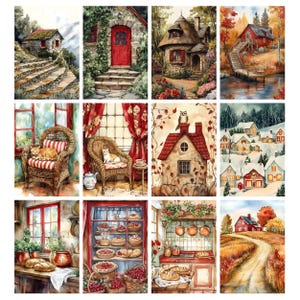 May include: A collection of watercolor paintings depicting cozy cottages, rustic interiors, and charming landscapes. Scenes include a stone house with a red door, a thatched-roof cottage, and a snowy village. Other images show a wicker chair with a cat and a kitchen with baked goods.