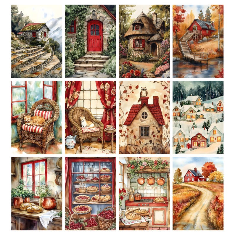 May include: A collection of watercolor paintings depicting cozy cottages, rustic interiors, and charming landscapes. Scenes include a stone house with a red door, a thatched-roof cottage, and a snowy village. Other images show a wicker chair with a cat and a kitchen with baked goods.