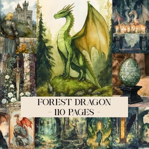 May include: A watercolor illustration featuring a green dragon with golden wings perched on a mossy rock. The image is surrounded by other fantasy-themed illustrations, including a castle, a sword, and an egg. Text reads "FOREST DRAGON - 110 PAGES".