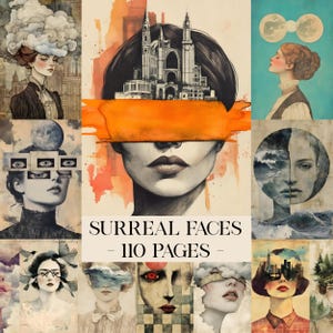 Puede incluir: Una colección de grabados de arte surrealistas con retratos estilizados con elementos oníricos. Las imágenes muestran rostros con conceptos visuales únicos, incluyendo cabello en forma de nube, elementos arquitectónicos y ojos oscurecidos. El texto dice "Surreal Faces - 110 Pages".