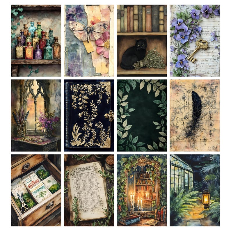 Pu&ograve; includere: Una collezione di illustrazioni ad acquerello con un'estetica vintage. Le immagini includono uno scaffale di bottiglie colorate, una farfalla, un gatto nero, una chiave, una finestra gotica, un diario, foglie, una piuma, un cassetto con forbici, un libro aperto, una biblioteca e una serra.