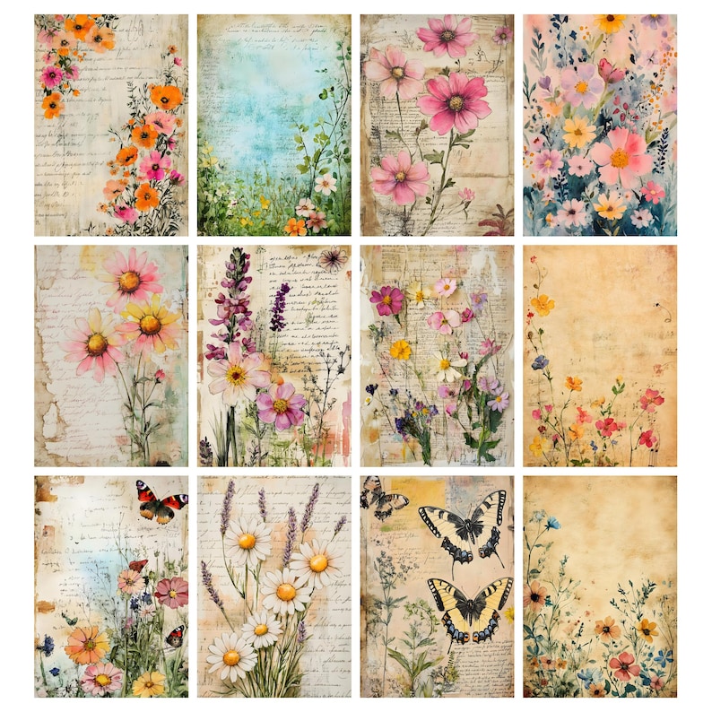 May include: A collection of twelve vintage-style floral art prints. Each print features watercolor illustrations of various flowers, butterflies, and foliage, set against a backdrop of aged paper with handwritten script. The color palette includes pinks, oranges, yellows, and blues.