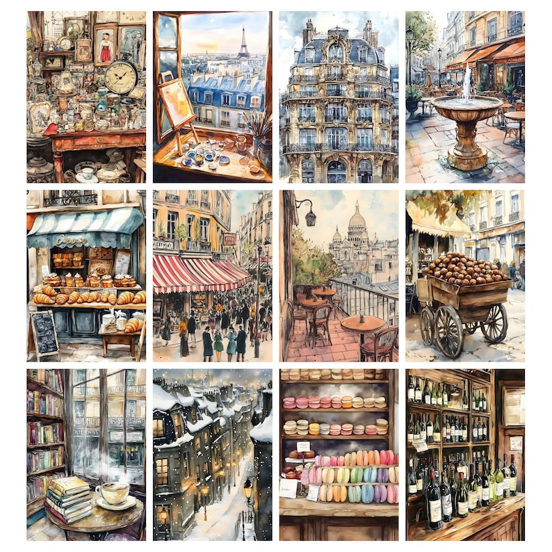 May include: A collection of watercolor paintings depicting Parisian scenes. The artwork includes images of cafes, bakeries, cityscapes with the Eiffel Tower, and shops. The paintings feature a warm color palette with detailed architectural elements.