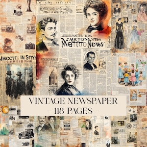 Puede incluir: Un collage de páginas de periódicos antiguos con ilustraciones y texto. La imagen presenta retratos, artículos y el texto "VINTAGE NEWSPAPER - 118 PAGES". La paleta de colores incluye tonos sepia y colores desvaídos.