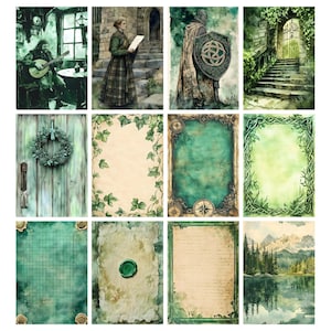 May include: A collage of watercolor illustrations with a green and antique aesthetic. The images include a musician, a woman reading, a knight with a shield, a gate, a wreath, ivy frames, and aged paper designs.