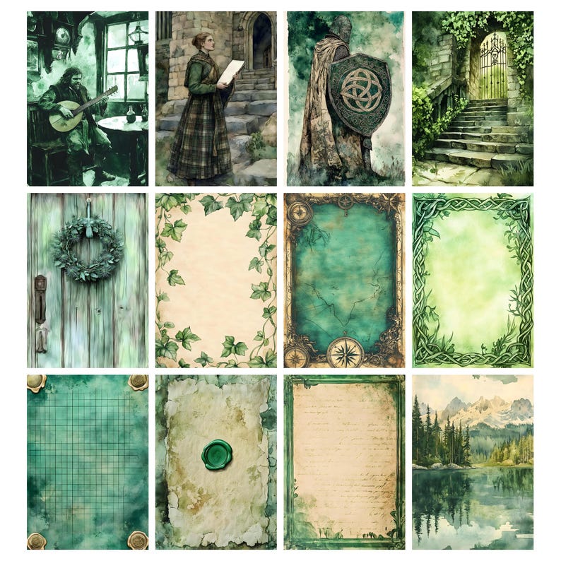 May include: A collage of watercolor illustrations with a green and antique aesthetic. The images include a musician, a woman reading, a knight with a shield, a gate, a wreath, ivy frames, and aged paper designs.