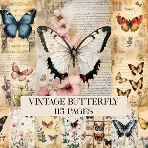 Può includere: Un collage con varie farfalle nei toni del blu, rosa, arancione e marrone, su uno sfondo di carta vintage con elementi floreali e di scrittura. Il testo "VINTAGE BUTTERFLY - 115 PAGES -" è visualizzato.