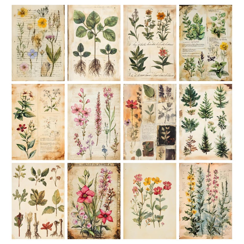 May include: A collection of botanical illustrations featuring various flowers, plants, and leaves. The images are printed on aged paper, giving them a vintage aesthetic. The illustrations showcase a variety of colors, including pink, yellow, green, and red, with detailed depictions of each plant's features.