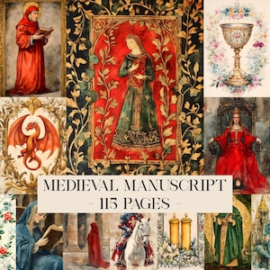 Pode incluir: Uma coleção de ilustrações em aquarela com tema medieval. As imagens incluem uma mulher com um vestido verde, um dragão vermelho, um cálice e figuras em vestes. O texto diz "Medieval Manuscript - 115 Pages".