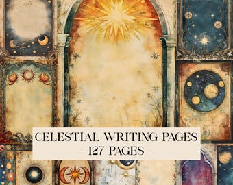 Celestial Writing Pages Junk Journal Kit Vintage Sun Moon Star Journal Pages Printable Astrology Scrapbook Paper Mystical Journal Grimoire