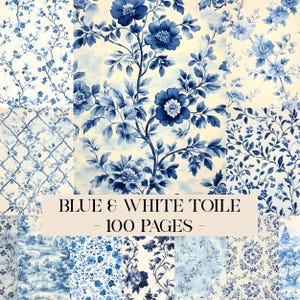 May include: A collection of blue and white toile patterns. The image features various floral and scenic designs in shades of blue on a white background. Text at the bottom reads "BLUE & WHITE TOILE - 100 PAGES -."