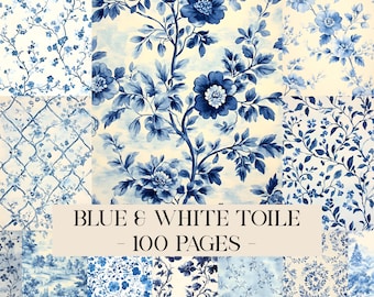 Papel Toile de Jouy francês, papéis digitais antigos, padrão Shabby Chic, papel digital com flores, páginas de diário com padrão floral azul