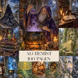 May include: A collage of fantasy illustrations featuring an alchemist in a purple robe brewing a potion, a figure in a dark cloak, a stone fountain, a dragon, an owl, and a cauldron. The text ALCHEMIST - 100 PAGES - is centered.