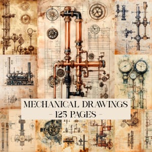 Może przedstawiać: Kolaż zabytkowych rysunków mechanicznych, przedstawiających koła zębate, rury i wskaźniki w odcieniach sepii. Wyświetlany jest tekst "MECHANICAL DRAWINGS - 125 PAGES". Rysunki mają estetykę steampunk.