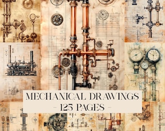 Può includere: Un collage di disegni meccanici vintage, con ingranaggi, tubi e manometri nei toni del seppia. Il testo "MECHANICAL DRAWINGS - 125 PAGES" è visualizzato. I disegni hanno un'estetica steampunk.