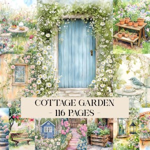 Puede incluir: Ilustración en acuarela de una escena de jardín de cabaña. Una puerta azul claro está rodeada de margaritas blancas y plantas trepadoras. El texto "COTTAGE GARDEN - 116 PAGES" se muestra. Otros elementos del jardín incluyen un banco, un pájaro y una mesa.