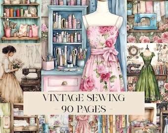 May include: A watercolour illustration depicting a vintage sewing room. A dress form wears a pink floral dress. Shelves are filled with sewing supplies, and the text "VINTAGE SEWING - 90 PAGES" is displayed.