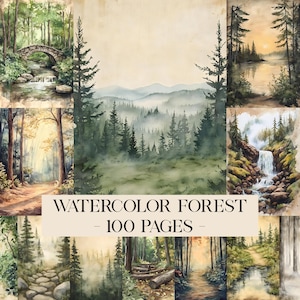 Puede incluir: Una colección de pinturas de bosques en acuarela. Las imágenes representan varias escenas forestales, incluyendo un puente de piedra sobre un arroyo, una cascada y un camino entre los árboles. Se muestra el texto "WATERCOLOR FOREST - 100 PAGES -".