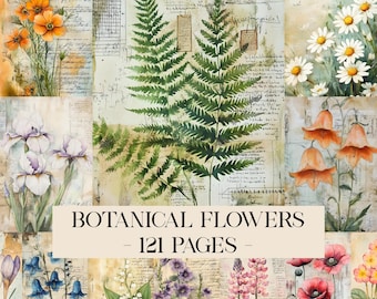 May include: A collection of botanical illustrations showcasing diverse flowers and ferns. The image includes orange poppies, white daisies, purple irises, and other floral elements. The text "BOTANICAL FLOWERS - 121 PAGES -" is displayed across the bottom.