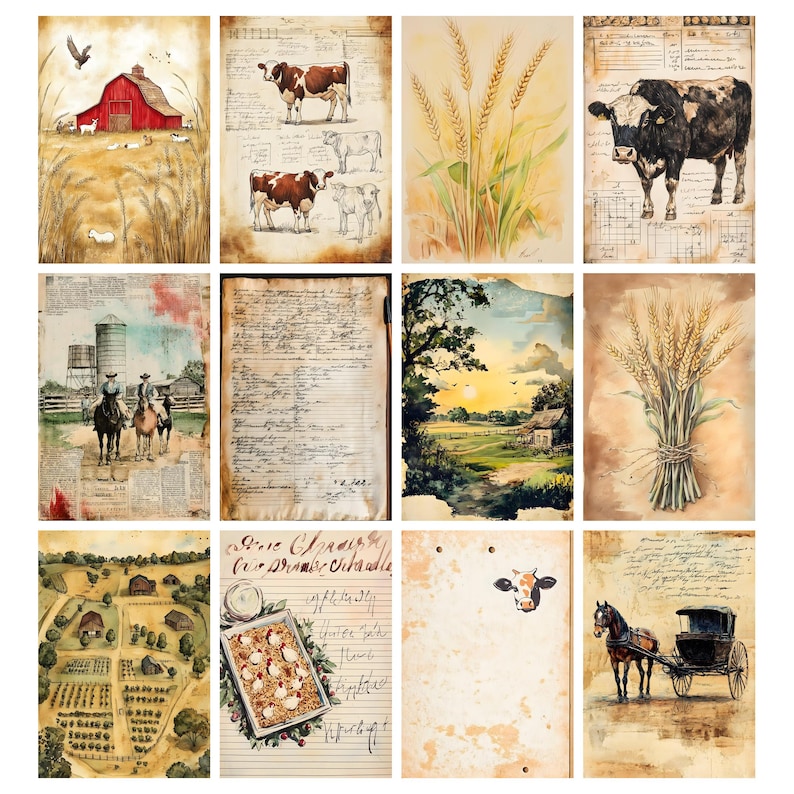 Vintage bondgårds-ephemera, digitalt collageark, utskrivbart skräpjournalkit för lantlig användning, scrapbook-papper för bondgårdsliv, utskrivbara bilder på bondgårdsdjur bild 3