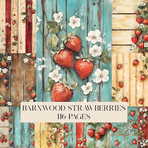 Shabby Barnwood Strawberries Papers, Junk Journal Kit, Printable, Strawberry Junk Journal Pages, Garden Ephemera, Strawberry Scrapbook