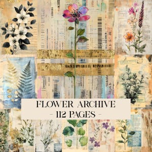 Puede incluir: Un collage con ilustraciones florales en acuarela y elementos botánicos. La obra de arte incluye una flor grande y colorida e imágenes de varias plantas sobre un fondo de papel vintage texturizado. El texto dice "FLOWER ARCHIVE - 112 PAGES".