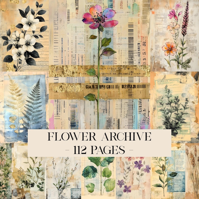 Blomarkivets skräpjournalsidor, vintage botaniskt collagepapper, vintage blomskräpjournalkit, digitala blompapper, efemera bild 1