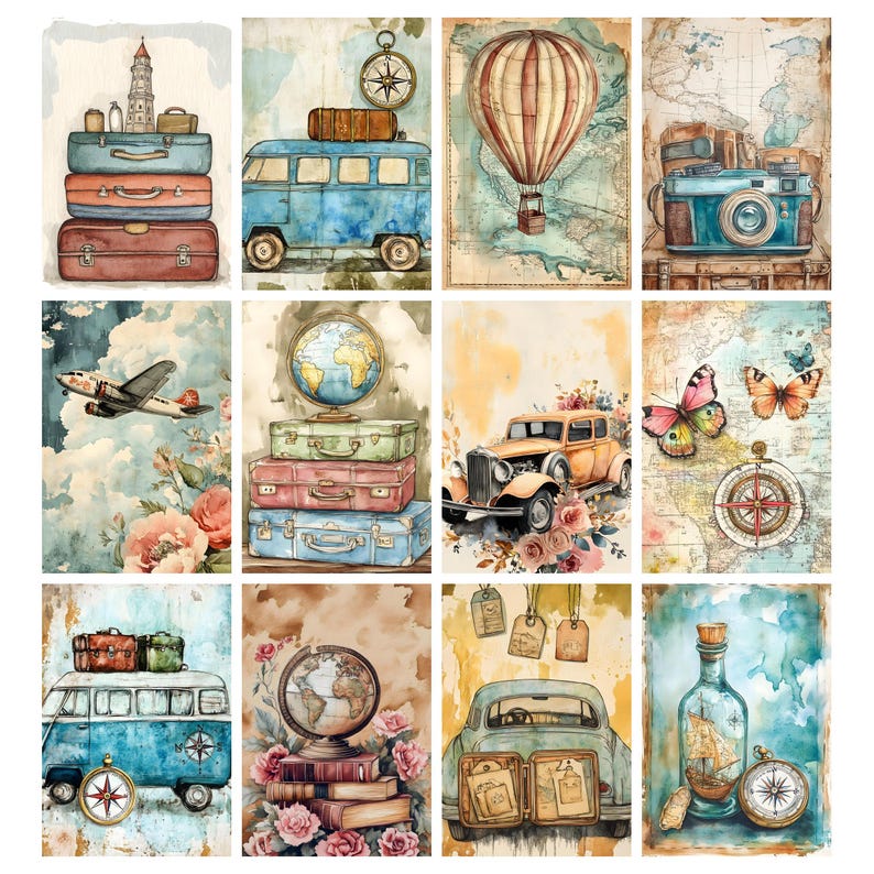 May include: A collection of watercolor illustrations featuring travel themes. Images include stacks of vintage suitcases, a blue van, a hot air balloon, a camera, an airplane, a classic car, butterflies, a globe, a compass, and a ship in a bottle.