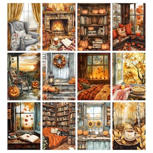 May include: A collection of watercolor paintings depicting cozy autumn scenes. Each image features warm colors, pumpkins, and elements like fireplaces, books, and windows, evoking a sense of seasonal comfort and home.