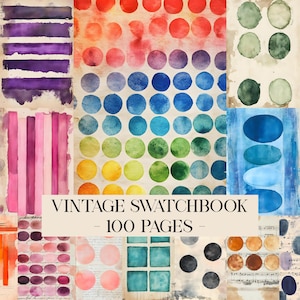 May include: A vintage swatchbook with 100 pages, featuring watercolor designs. The pages display a variety of colorful patterns, including stripes, circles, and abstract shapes in shades of purple, pink, blue, green, and orange.