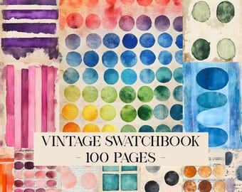 Vintage Swatchbook Digital Papers With Color Swatches, Ephemera Collage Backgrounds For Junk Journals & Scrapbooking Printable Pages Digital