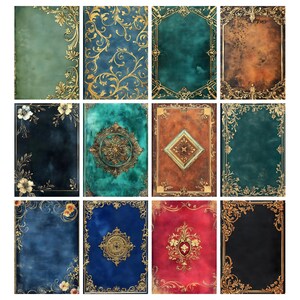 Puede incluir: Una colecci&oacute;n de doce cubiertas de libros antiguos con intrincados dise&ntilde;os de filigrana y florales dorados. Las cubiertas presentan una variedad de colores, incluyendo verde azulado, azul, marr&oacute;n y rojo. Algunas cubiertas tienen una apariencia texturizada.