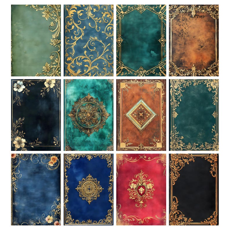 Puede incluir: Una colecci&oacute;n de doce cubiertas de libros antiguos con intrincados dise&ntilde;os de filigrana y florales dorados. Las cubiertas presentan una variedad de colores, incluyendo verde azulado, azul, marr&oacute;n y rojo. Algunas cubiertas tienen una apariencia texturizada.