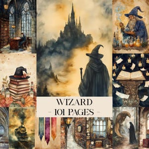 Pode incluir: Uma coleção de 101 páginas com ilustrações temáticas de feiticeiros, incluindo um castelo, um feiticeiro de manto, uma biblioteca, um comboio, um livro de feitiços num pedestal e poções. O texto WIZARD - 101 PAGES - está centrado num retângulo creme.