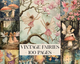 Vintage Fairies Junk Journal Kit, Digital Scrapbook Papers, Faerie Fantasy Collage Sheets, Printable Vintage Ephemera JPG, Digital Download