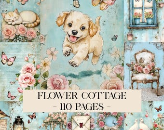 Flower Cottage Junk Journal Pages, Country Life, Flower Rose Ephemera, Shabby Chic Papers, Scrapbook Papers, Cozy Cottage, Digital Download
