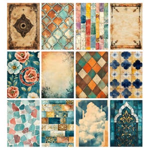 May include: A collection of twelve watercolor-style digital art prints. The prints feature various patterns, including floral designs, geometric shapes, and textured backgrounds. Colors include teal, orange, brown, and blue, with some prints resembling aged parchment.