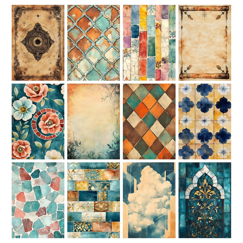 May include: A collection of twelve watercolor-style digital art prints. The prints feature various patterns, including floral designs, geometric shapes, and textured backgrounds. Colors include teal, orange, brown, and blue, with some prints resembling aged parchment.