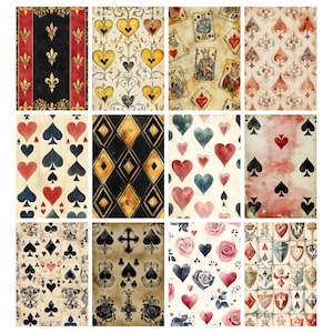May include: A collection of twelve patterned designs, featuring playing card suits, hearts, diamonds, and floral motifs. The color palette includes red, black, gold, and cream, with vintage and watercolor effects. The designs are suitable for various craft projects.