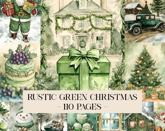Rustic Green Christmas Junk Journal Pages, Christmas Ephemera, Scrapbook Printable, Printable Paper, Digital Collage, Christmas Pages