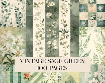 Papier do dziennika w stylu shabby chic, pastelowy szałwiowy zielony, strony wypełniające z antycznymi kwiatowymi efemerydami do albumu, cyfrowy druk decoupage