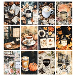 May include: A collage of watercolor illustrations featuring coffee cups, books, and autumn leaves. The images showcase various coffee presentations, including lattes and espresso, with pumpkins and fall foliage. The overall theme is cozy and autumnal.