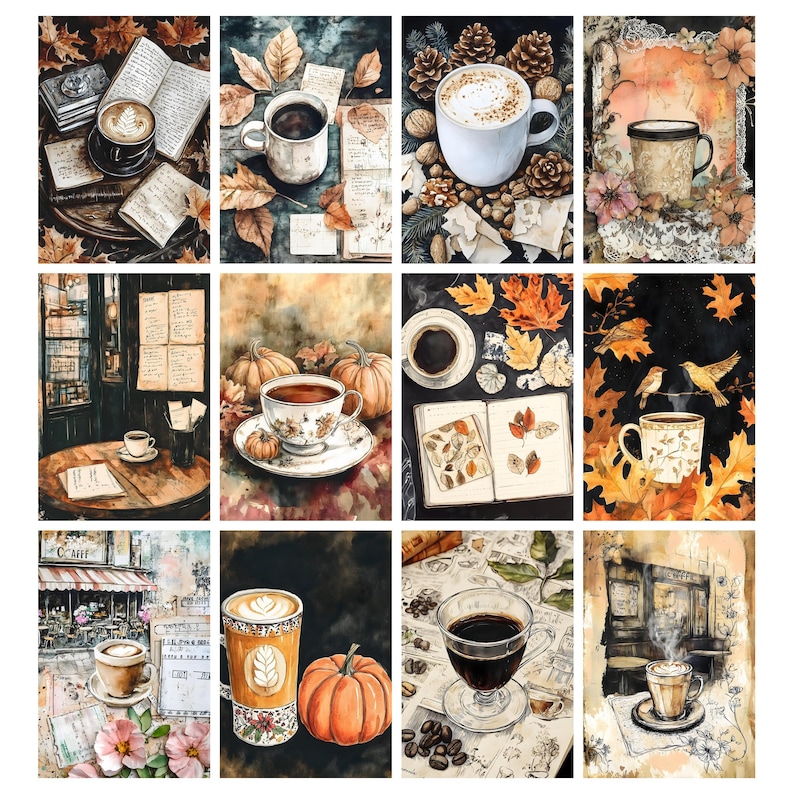 May include: A collage of watercolor illustrations featuring coffee cups, books, and autumn leaves. The images showcase various coffee presentations, including lattes and espresso, with pumpkins and fall foliage. The overall theme is cozy and autumnal.