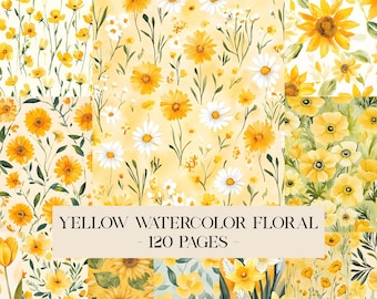 Yellow Watercolor Floral Printable Paper Shabby Chic Digital Floral Wildflower Scrapbook Papers Flower Junk Journal Pages Ephemera Download