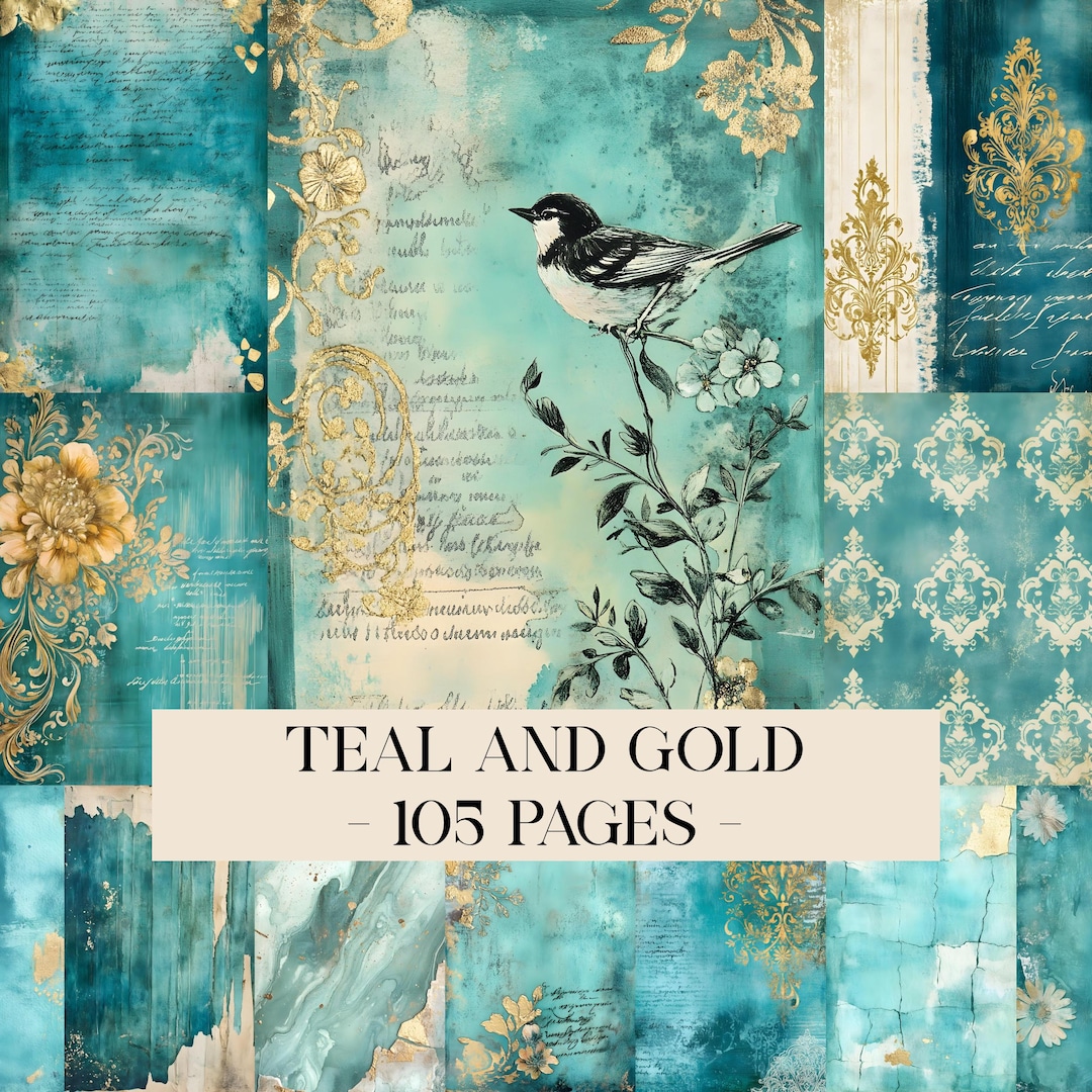 Teal and Gold Mixed Media Junk Journal Kit, Teal Junk Journal Pages ...