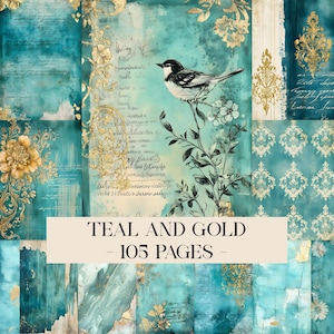 May include: Teal and gold digital paper pack with a bird illustration. The design features a variety of patterns, including floral elements, script, and damask. The text on the image reads "TEAL AND GOLD - 105 PAGES".