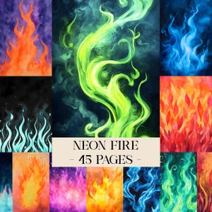 Puede incluir: Un collage de arte digital con vibrantes llamas de neón en varios colores, incluyendo naranja, verde y azul. La obra de arte está ambientada sobre fondos oscuros, con el texto "NEON FIRE - 45 PAGES -" mostrado de forma destacada.