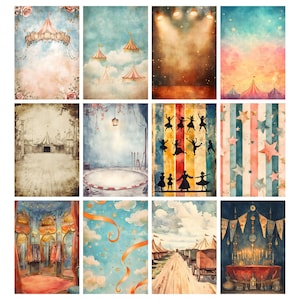 May include: A collection of twelve watercolor circus-themed backdrops. The images feature various scenes, including circus tents, stages, and performers. The color palette includes blues, pinks, and oranges, with some images having a vintage aesthetic.