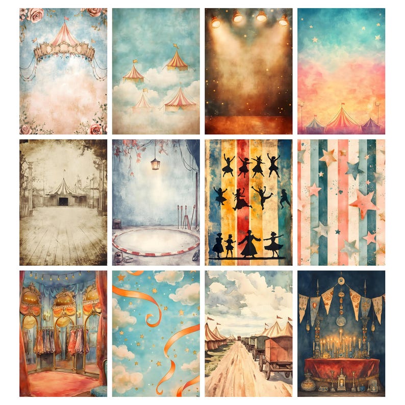 May include: A collection of twelve watercolor circus-themed backdrops. The images feature various scenes, including circus tents, stages, and performers. The color palette includes blues, pinks, and oranges, with some images having a vintage aesthetic.